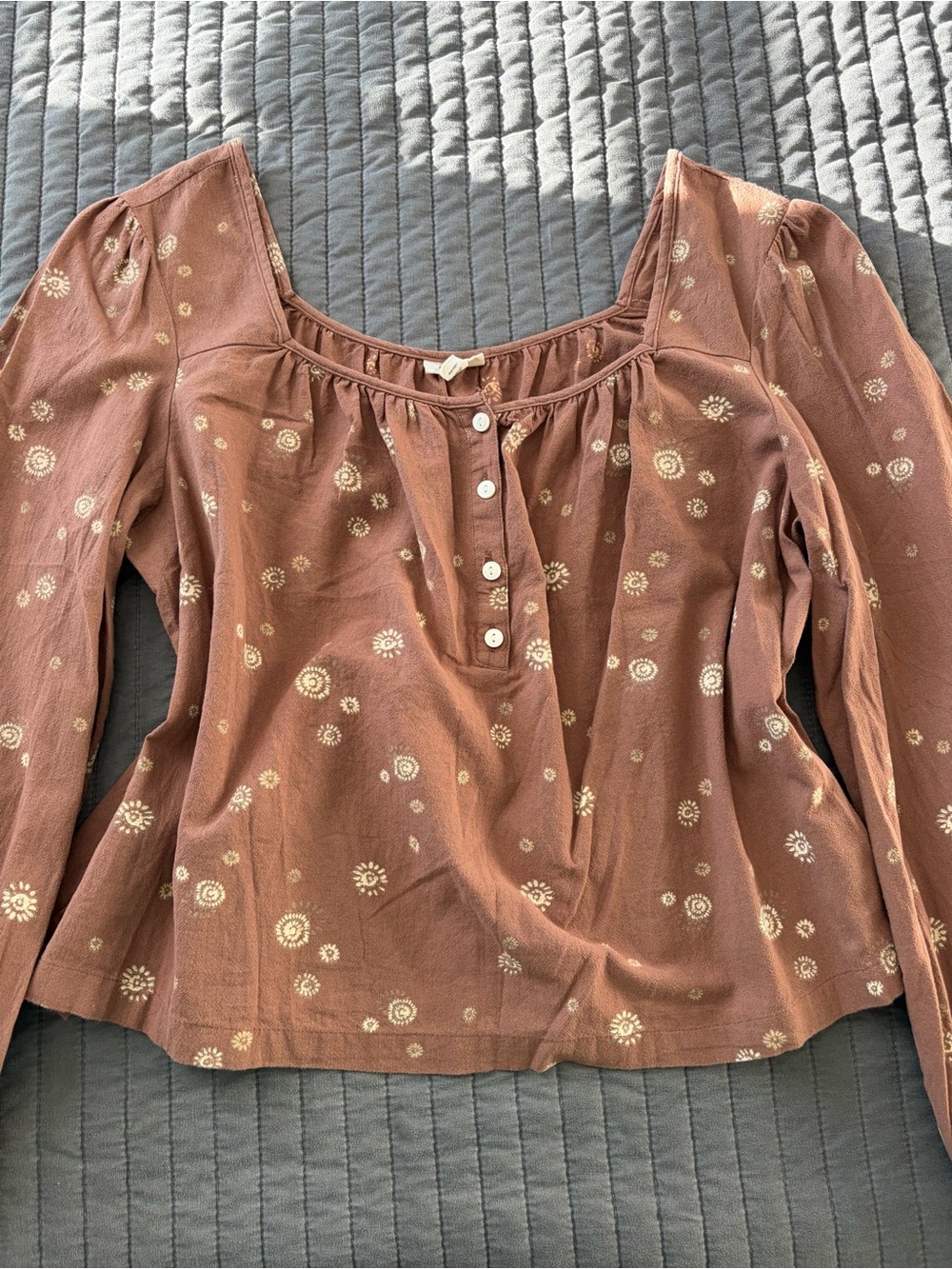 a.n.a Rust Boho Sunburst Print Square-Neck Balloon Sleeve Cotton Blouse Size L - Picture 4 of 11